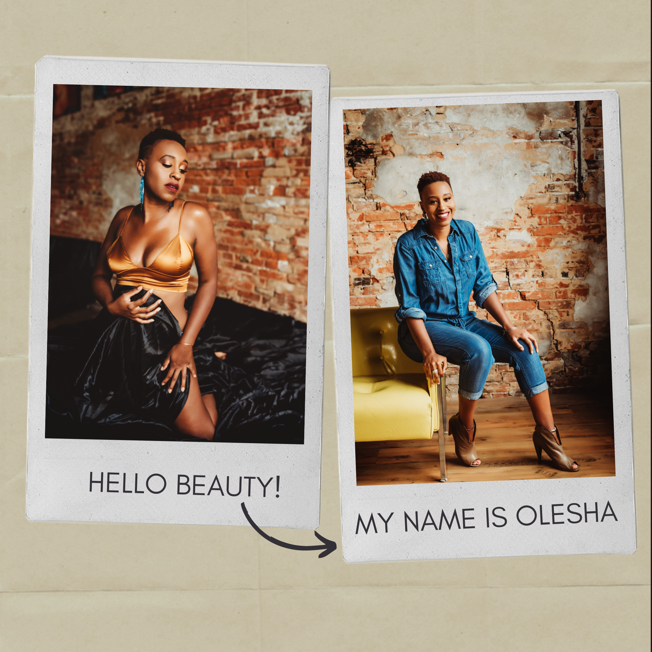 images of the same black woman in lingerie and sitting on the arm of a yellow sofa