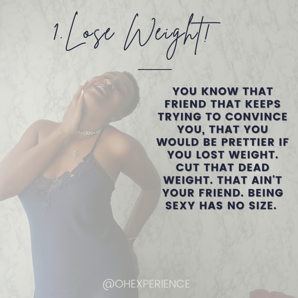 Text: 1. lose weight, black woman in blue night gown with her hand on her butt and head thrown back smiling.4 ways to get sexy for a boudoir experience.