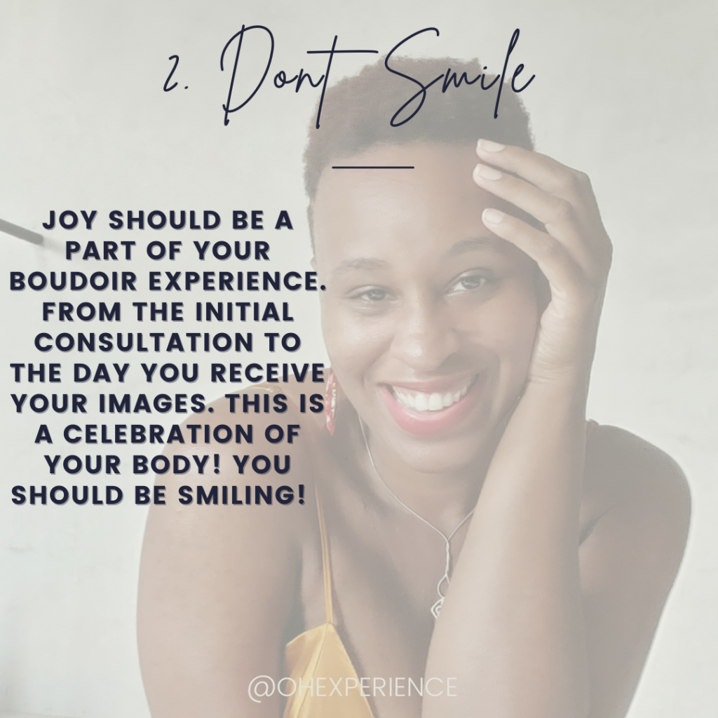 Text: 2 dont smile. Black woman smiling at the camera with red lipstick and her hand on her head. 4 ways to get sexy for a boudoir experience.