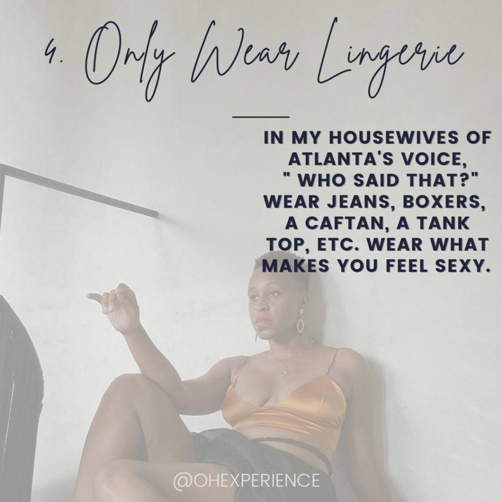 Text: Only Wear Lingerie. black woman sit-in gone he floor in a gold bra with her arm on her knee.