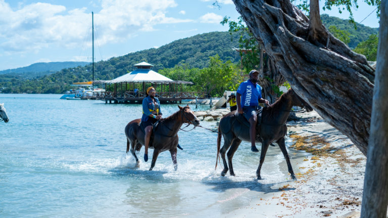 Two black people riding horses on the beach. one person has the reins