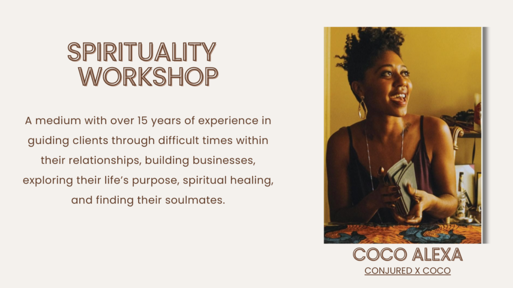 SPIRITUALITY WORKSHOP A medium with over 15 years of experience in guiding clients through difficult times within their relationships, building businesses, exploring their life’s purpose, spiritual healing, and finding their soulmates.