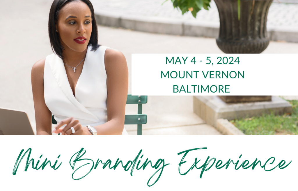 Black woman in white sleeveless dress with cross necklace. Text reads may 4 -5 2024 mount Vernon Baltimore mini branding experience